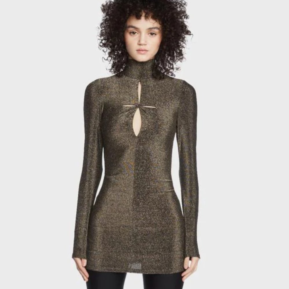 RARE LONDON Gold Metallic Long Sleeve Lurex Slash Cutout Dress NWT